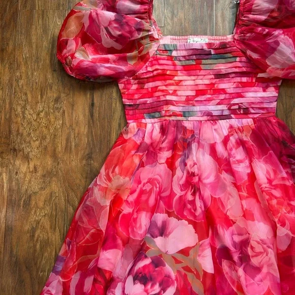 Floral Print Pink & Red Puff Sleeve Pleated Bodice Babydoll Dress - Picture 3 of 8